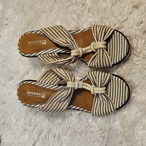 Sperry‎ Top-Sider Espadrille Wedge Sandals Blue Striped Bow Accents Nautical